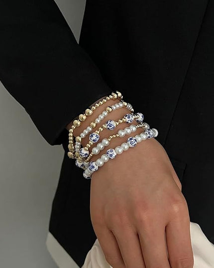 Gold Beaded Bracelets for Women, 14K Real Gold Plated Jewelry for Women Dainty Pearl Bead Bracelets Stack, Non Tarnish Trendy Stackable Ball Cross Stretch Bracelet Set Fashion Accessories Gifts