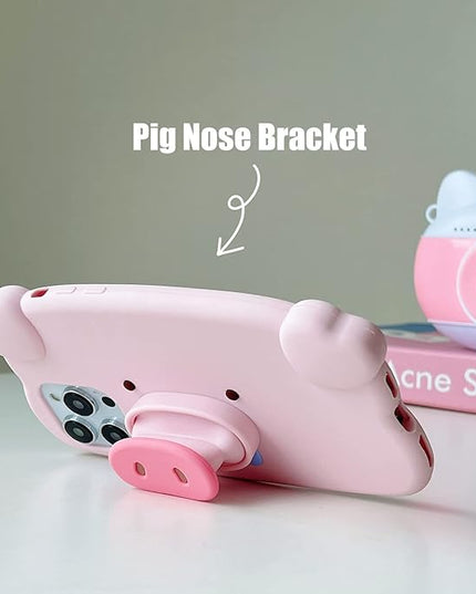 Case Compatible with iPhone 15 Pro Max,Cute 3D Kawaii Funny Pig Stand Cartoon Cover with Keychain Soft Silicone Gel Drop Protector Women Girls