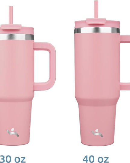 40 oz Tumbler with Handle and 2 Straws,2 in 1 Lid Insulated Water Bottle Stainless Steel Travel Coffee Mug,Pink
