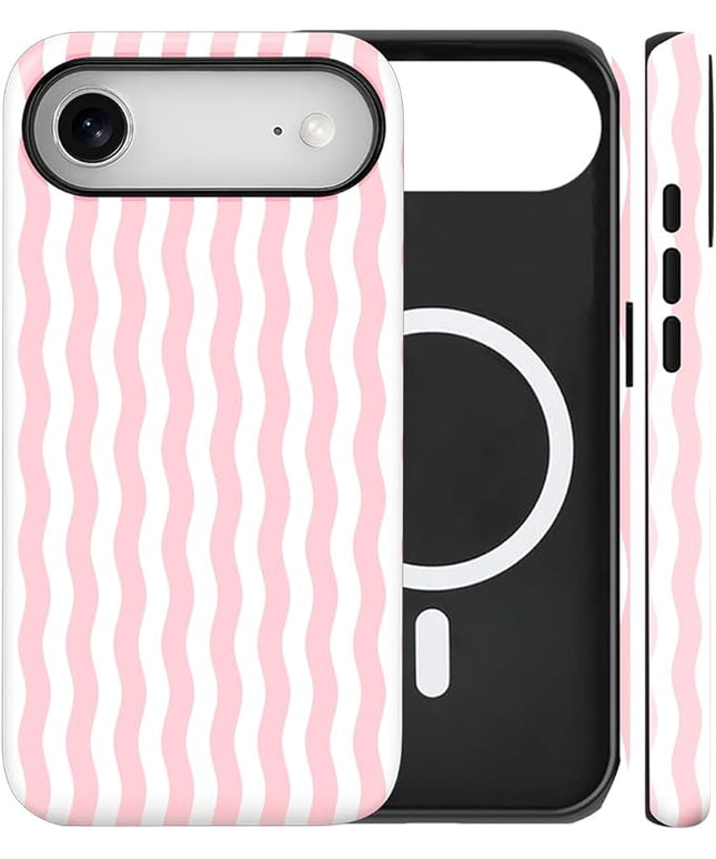 Magnetic for iPhone 17 Air Case Cute Wavy Stripes Phone Case, Shockproof Slim TPU and Hard PC Protective Phone Cover Compatible with MagSafe Designed for Women Girls, Pink