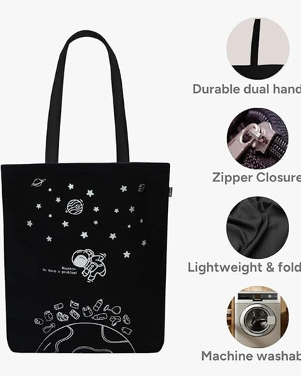 Ecoright Tote Bag for Women with Zipper, Small Tote Bag, Canvas Bag, Reusable Cotton Bag for Beach, Grocery, School & Work
