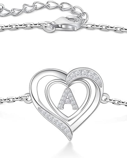 RIVIKO Heart Initial Bracelets for Women,925 Sterling Silver Letter Bracelets, Personalized Charm Alphabet Jewelry Valentines Christmas Mother’s Day Birthday Gifts for Women Friend Her Mom Wife Lady