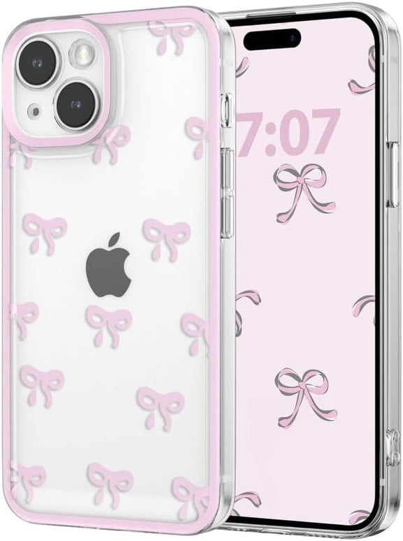 Designed for iPhone Case,Clear Cute Ribbon Bowknot Pattern Aesthetic Transparent Phone Case Raised Camera Protection Stylish Slim Soft Phone Case (Pink,iPhone 12 Pro)