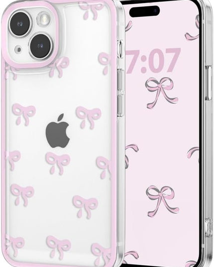 Designed for iPhone Case,Clear Cute Ribbon Bowknot Pattern Aesthetic Transparent Phone Case Raised Camera Protection Stylish Slim Soft Phone Case (Pink,iPhone 12)