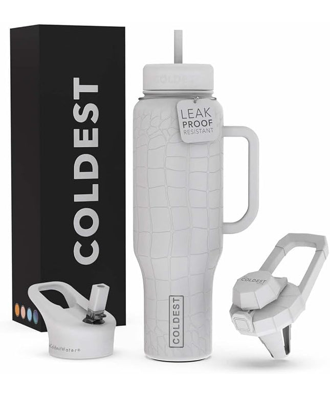 Coldest Tumbler with Handle and Straw - 100% Leak Proof Insulated Tumbler with Lid and Straw (3 Lids) - Stainless Steel Tumblers for Women & Men - Cup Holder Friendly Base, 46 oz (White Croc)