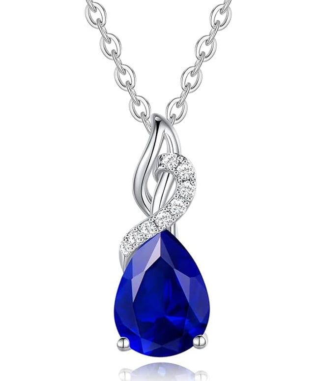 FANCIME 14K Solid White Gold Teardrop Pendant with Diamond Birthstone Necklace
