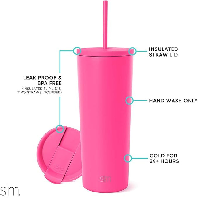 Simple Modern Insulated Tumbler with Lid and Straw | Iced Coffee Cup Reusable Stainless Steel Water Bottle Travel Mug | Gifts for Women Men Her Him | Classic Collection | 24oz | Raspberry Vibes