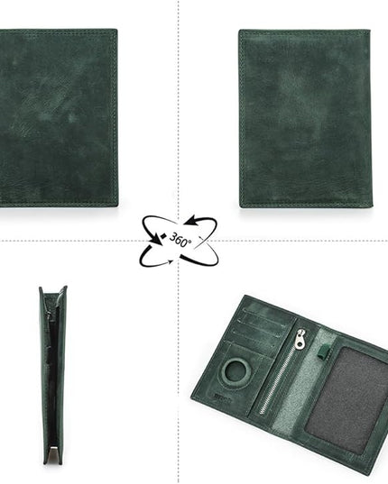 CONTACTS Full Grain Leather Passport Holder RFID Blocking Travel Passport Wallet with Compatible Airtag Passport Cover Case with 4 Cards Slots, Coin Pocket (Green)