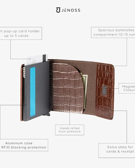 Jenoss Smart Wallet For Men: Full Grain Leather, Handcrafted, Slide Metal Pop Up Case, Slim RFID Blocking Credit Card Holder, Minimalist, Compact, 6-8 Cards Organizers, Front Pocket, Clip (Burgandy)