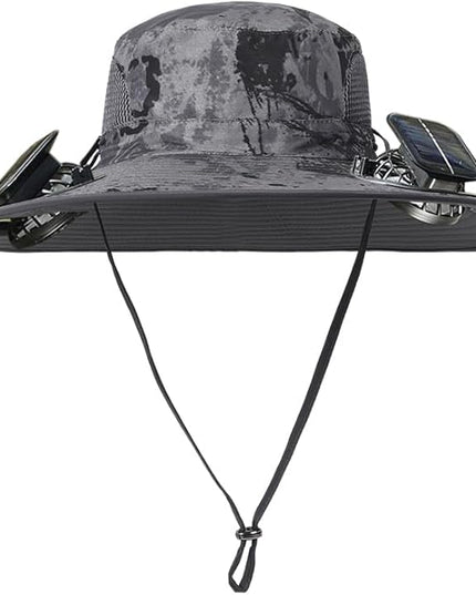 Solar Fan Hat Rechargeable 2Detachable Solar Fans,Water-Repellent Wide Brim Bucket Hat, Outdoor Camping Hiking Golf Sun Hat