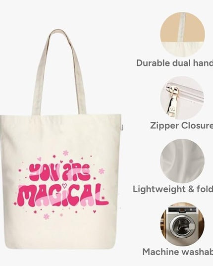 Ecoright Tote Bag for Women with Zipper, Small Tote Bag, Canvas Bag, Reusable Cotton Bag for Beach, Grocery, School & Work