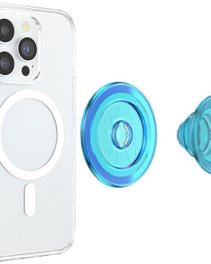 PopSockets Phone Grip for MagSafe with Kickstand, Magnetic Stand, Swappable Top, Secure Hold for iPhone MagSafe Cases, Phone & Tablet Grip - Electric Blue Translucent