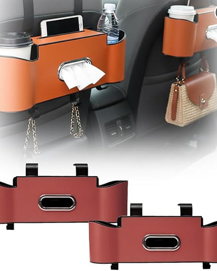 3-in-1 Car Backseat Organizer, 2026 New Multifunctional Back Seat Car Organizer with Cup Holder, Tissue Box, Trash Bin & Hooks for Hold Phones, Snacks, Drinks, Handbags (2, Red)