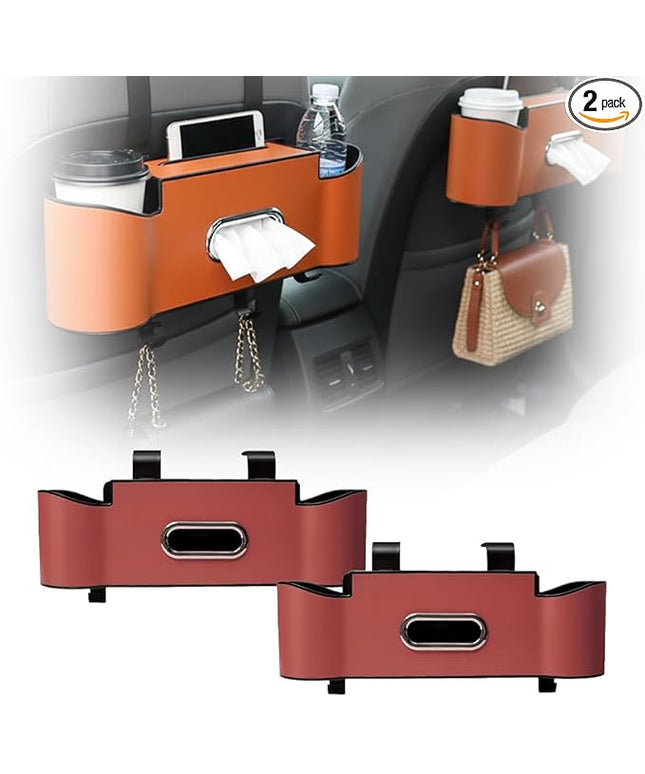 3-in-1 Car Backseat Organizer, 2026 New Multifunctional Back Seat Car Organizer with Cup Holder, Tissue Box, Trash Bin & Hooks for Hold Phones, Snacks, Drinks, Handbags (2, Red)