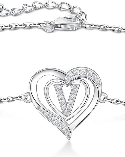 RIVIKO Heart Initial Bracelets for Women,925 Sterling Silver Letter Bracelets, Personalized Charm Alphabet Jewelry Valentines Christmas Mother’s Day Birthday Gifts for Women Friend Her Mom Wife Lady