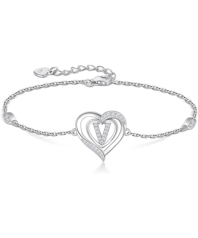 RIVIKO Heart Initial Bracelets for Women,925 Sterling Silver Letter Bracelets, Personalized Charm Alphabet Jewelry Valentines Christmas Mother’s Day Birthday Gifts for Women Friend Her Mom Wife Lady