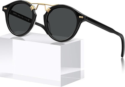 CARFIA Small Face Acetate Polarized Sunglasses for Women UV Protection, Retro Double Bridge Eyewears Metal Brow Round Sunnies