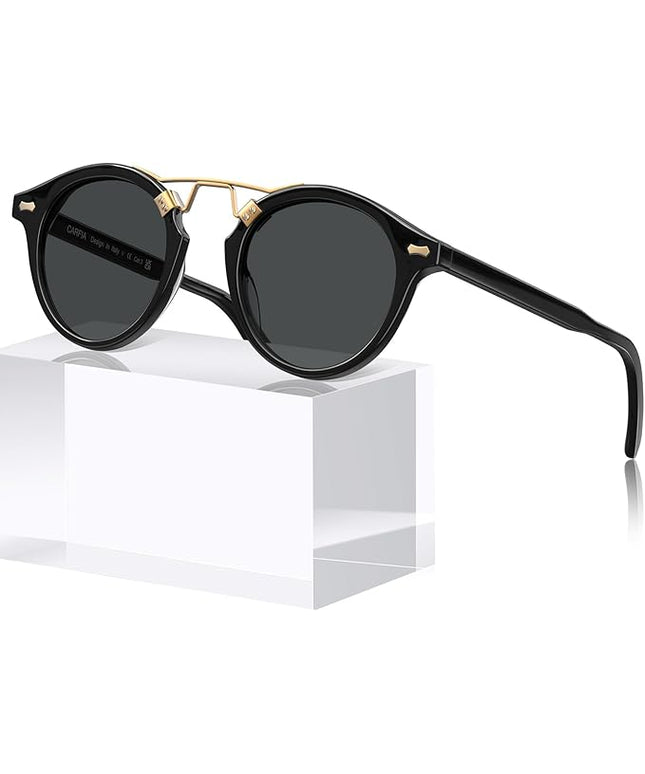 CARFIA Small Face Acetate Polarized Sunglasses for Women UV Protection, Retro Double Bridge Eyewears Metal Brow Round Sunnies