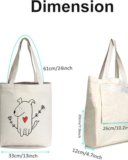 Canvas Tote Bag with 3 Inner Pocket Cotton Heavy Duty Gusseted Shopping Bag for Weekend Overnight School Book (Cute Dog)