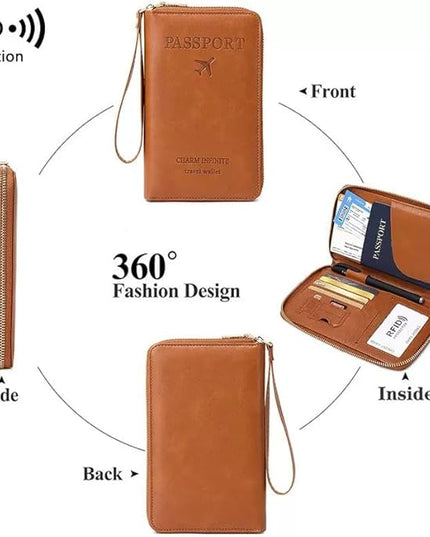 Multi-Functional RFID Passport Wallet,Travel Wallet for Men & Women,With zipper, anti-theft passport holder，Slim Leather Cover for Credit Cards, Tickets, Cash (Blue)