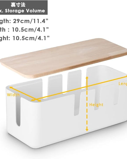 Cable Management Box by Baskiss, 12x5x4.5 inches, Wood Lid, Wire Organizer for Desk TV Computer USB Hub System to Cover and Hide & Power Strips & Cords