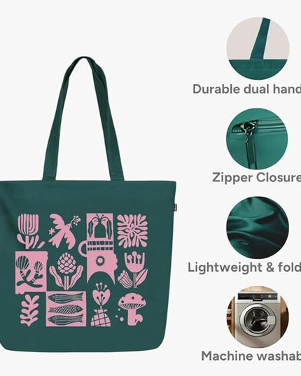 Ecoright Aesthetic Canvas Tote Bag for Women Large Zipper Tote Bags with Pocket, Womens Tote Bag for Yoga, Work, Beach