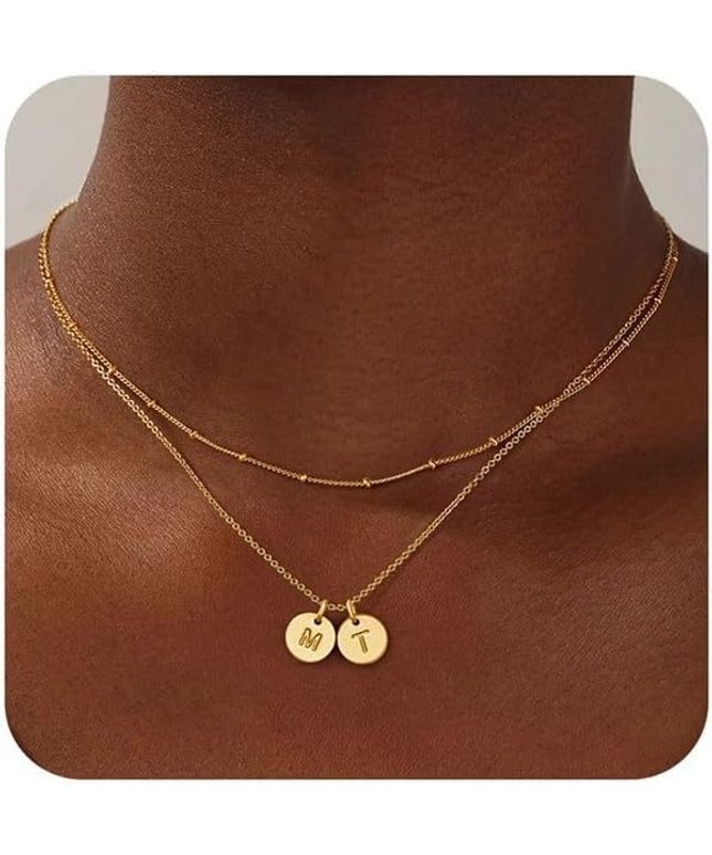 Turandoss Christmas Gifts for Grandkids - Dainty 14K Gold Plated Layered Two Letter A-Z Stack Disc Initial Necklace Trendy Birthday Personalized Gifts for Women Teen Girls Jewelry