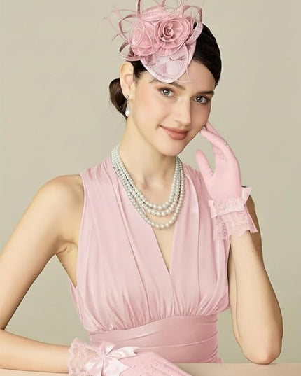 Lace Gloves for Women - Short Bow Rhinestone Tulle Sheer Sparkly Evening Stretchy Gloves for Wedding Opera Party