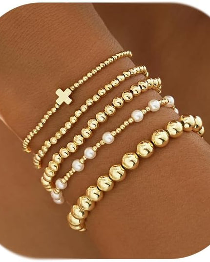 Gold Beaded Bracelets for Women, 14K Real Gold Plated Jewelry for Women Dainty Pearl Bead Bracelets Stack, Non Tarnish Trendy Stackable Ball Cross Stretch Bracelet Set Fashion Accessories Gifts