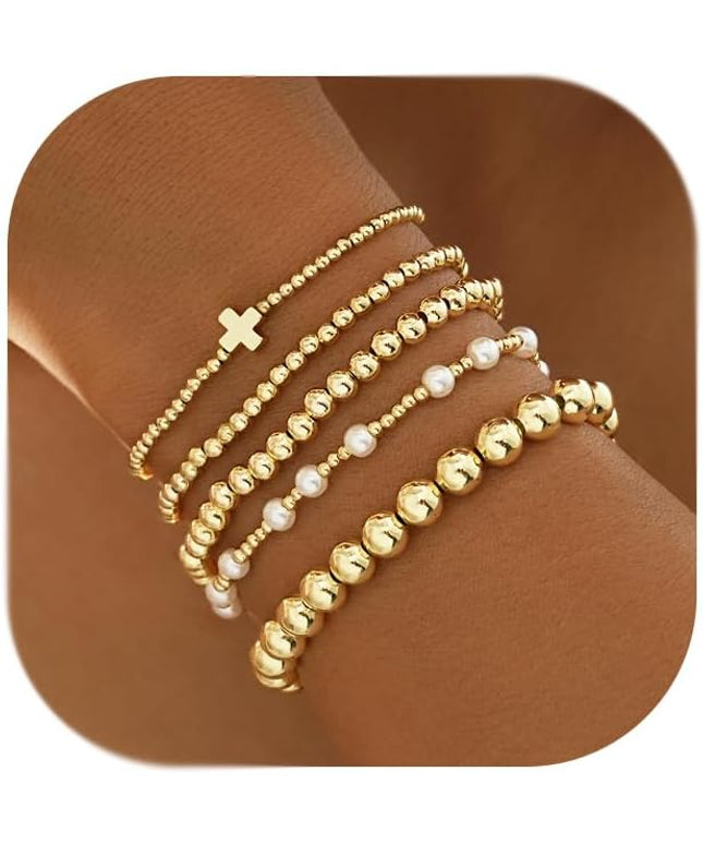 Gold Beaded Bracelets for Women, 14K Real Gold Plated Jewelry for Women Dainty Pearl Bead Bracelets Stack, Non Tarnish Trendy Stackable Ball Cross Stretch Bracelet Set Fashion Accessories Gifts