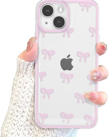 Designed for iPhone Case,Clear Cute Ribbon Bowknot Pattern Aesthetic Transparent Phone Case Raised Camera Protection Stylish Slim Soft Phone Case (Pink,iPhone 12 Pro)
