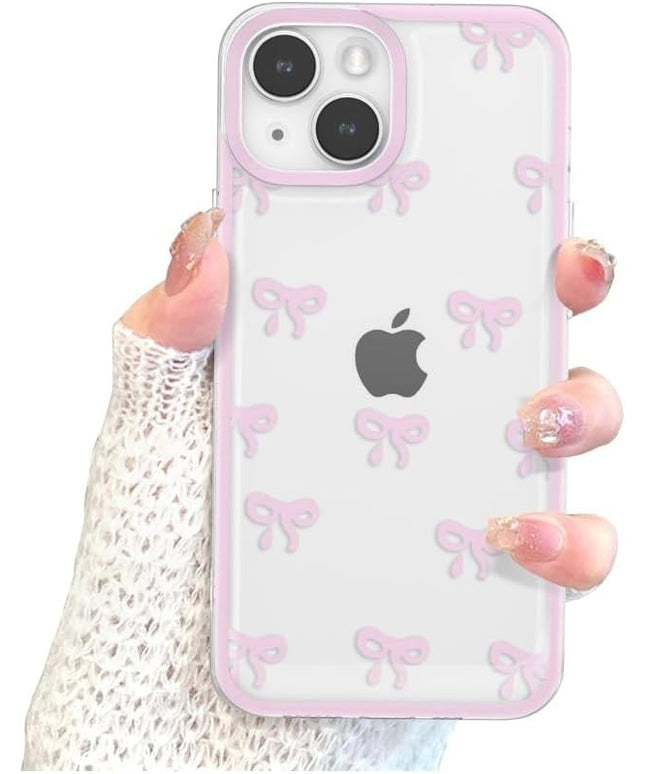 Designed for iPhone Case,Clear Cute Ribbon Bowknot Pattern Aesthetic Transparent Phone Case Raised Camera Protection Stylish Slim Soft Phone Case (Pink,iPhone 12 Pro)