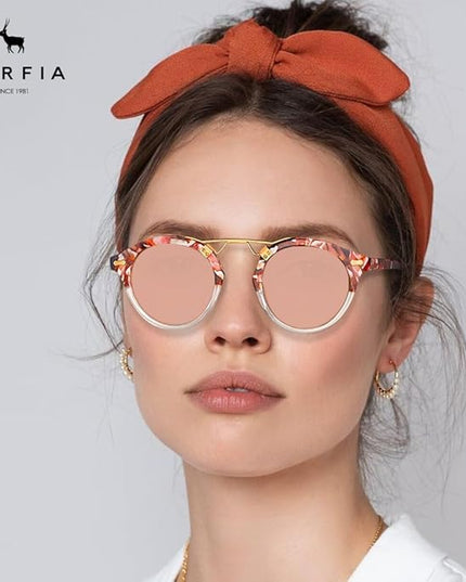 CARFIA Small Face Acetate Polarized Sunglasses for Women UV Protection, Retro Double Bridge Eyewears Metal Brow Round Sunnies