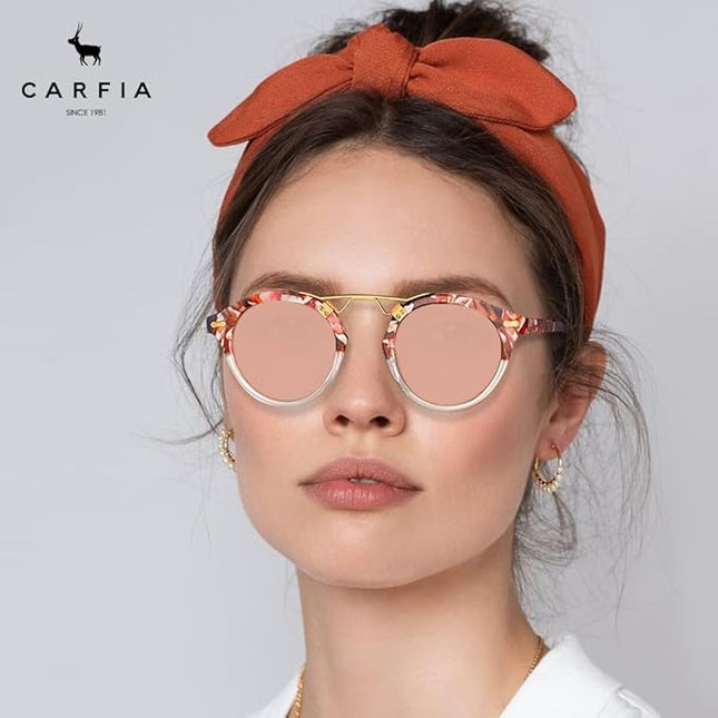 CARFIA Small Face Acetate Polarized Sunglasses for Women UV Protection, Retro Double Bridge Eyewears Metal Brow Round Sunnies