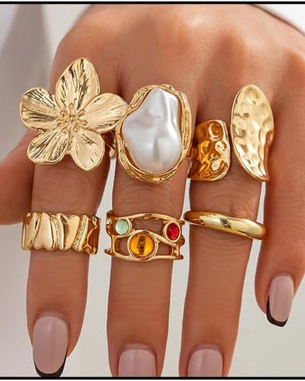 Rings for Women Adjustable Chunky Rings Set Vintage Wide Colorful Flower Stackable Ring for Women Thick Statement Ring Chunky Jewlery