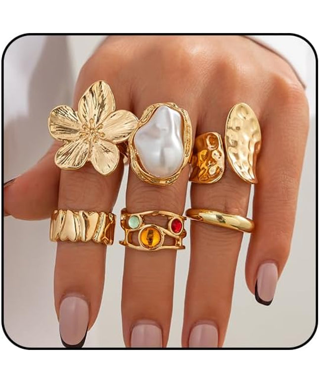 Rings for Women Adjustable Chunky Rings Set Vintage Wide Colorful Flower Stackable Ring for Women Thick Statement Ring Chunky Jewlery