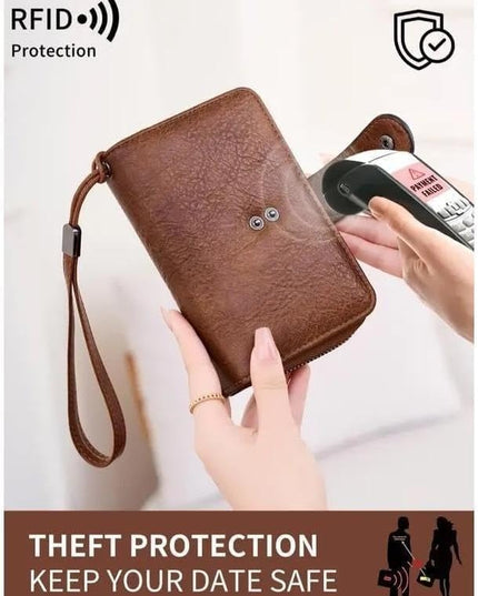 Genuine Leather Women's Wallet with Large Capacity Double Zip Around Design RFID Blocking Credit Card Holder and Wristlet Purse Black (Brown)