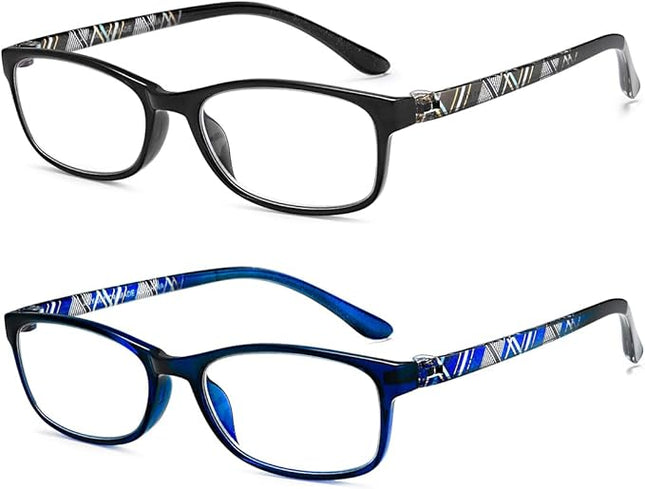 EYEURL Black Computer Reading Glasses 2 Pair Blue Light Blocking 1.75 Magnification Stylish Readers for Women Men Rectangular Frame Transparent Lens and Hard Case