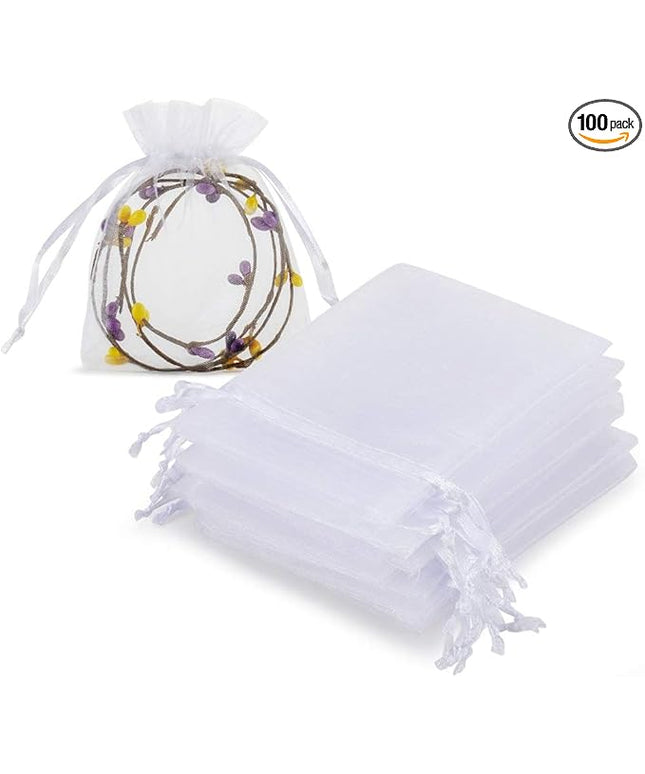 HRX Package 100pcs White Organza Jewelry Bags Drawstring 3 x 4 inch, Little Mesh Gift Pouches Mini Candy Bags for Small Presents Jewelry Earrings