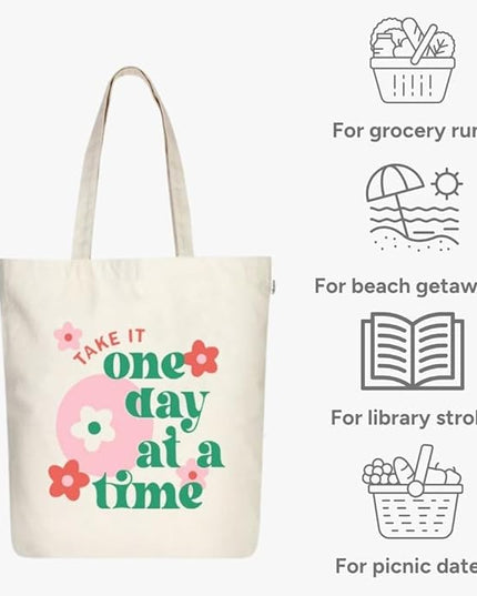 Ecoright Tote Bag for Women with Zipper, Small Tote Bag, Canvas Bag, Reusable Cotton Bag for Beach, Grocery, School & Work