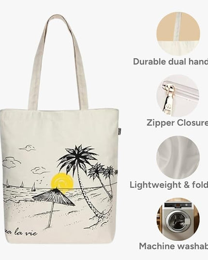 Ecoright Tote Bag for Women with Zipper, Small Tote Bag, Canvas Bag, Reusable Cotton Bag for Beach, Grocery, School & Work