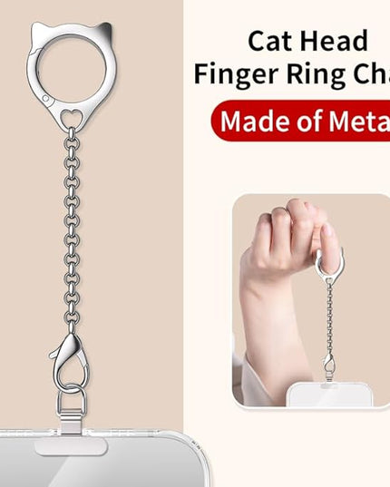 Metal Cat Head Phone Finger Grip Ring Chain Lanyard Keychain Holder Heavy Duty 5KG Capacity Anti-Loss Strap Anti Theft for All Phones Keys Earbuds USB Drives with Stainless Steel Clip Tether Silver