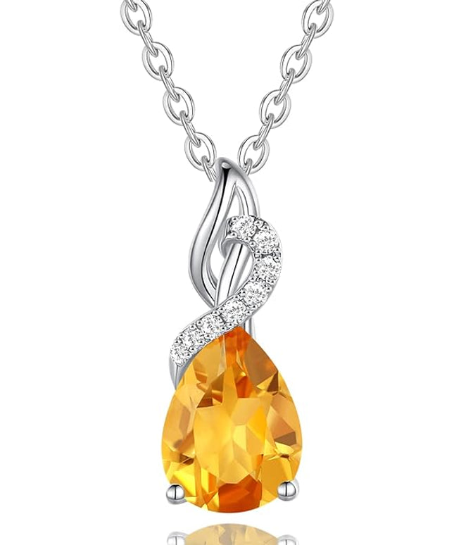 FANCIME 14K Solid White Gold Teardrop Pendant with Diamond Birthstone Necklace