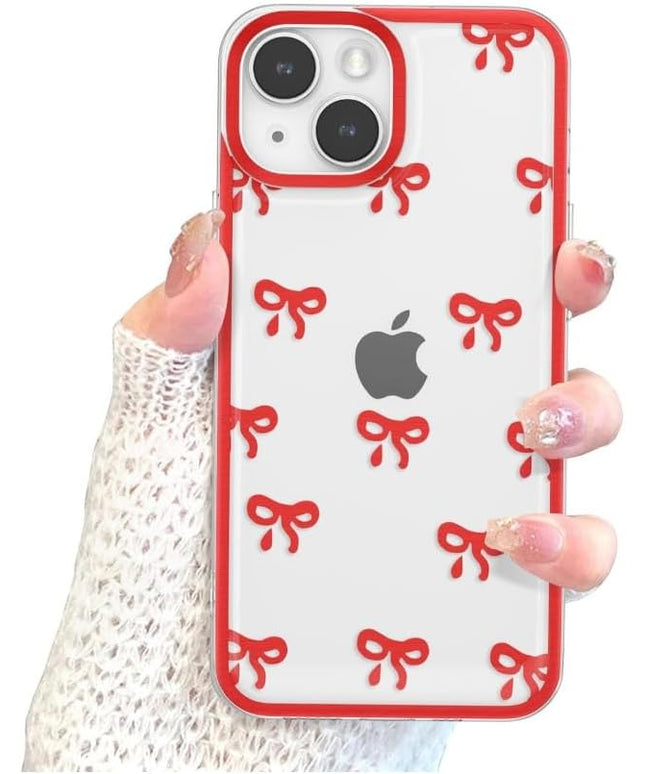 Designed for iPhone Case,Clear Cute Ribbon Bowknot Pattern Aesthetic Transparent Phone Case Raised Camera Protection Stylish Slim Soft Phone Case (Red,iPhone 16)