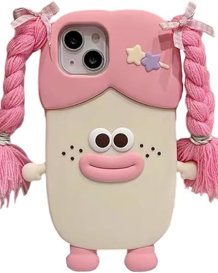Case Compatible with iPhone 15,Cute 3D Kawaii Funny Braided Sausage Mouth Girl Pink Cartoon Cover with Keychain Soft Silicone Gel Drop Protector Women Girls