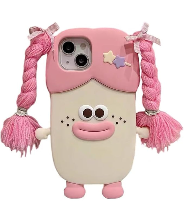 Case Compatible with iPhone 15 Pro Max,Cute 3D Kawaii Funny Braided Sausage Mouth Girl Pink Cartoon Cover with Keychain Soft Silicone Gel Drop Protector Women Girls