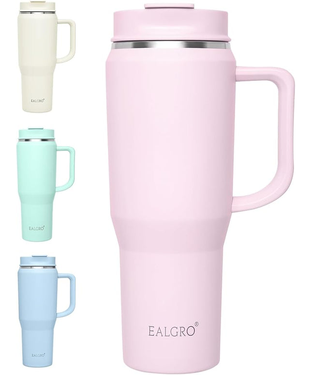 40 oz Tumbler with Handle, Insulated Tumblers with Lid and Straw, Large Metal Sports Water Bottle Jug, Thermal Stainless Steel Travel Coffee Mug Cup, Blush