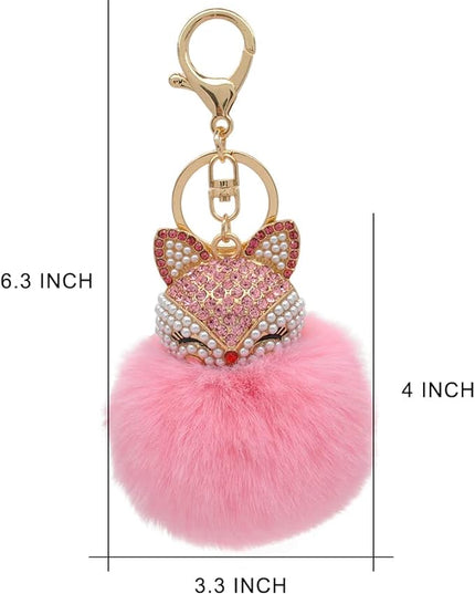Faux Rabbit Fur Ball Pom Pom Keychain with Fox Head Studded with pearl Rhinestone for Womens Bag Car Key Decoration