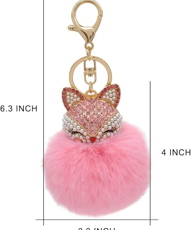 Faux Rabbit Fur Ball Pom Pom Keychain with Fox Head Studded with pearl Rhinestone for Womens Bag Car Key Decoration