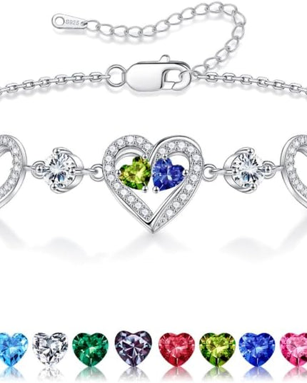 Iefil Valentines Day Gifts for Her - 925 Sterling Silver Heart Birthstone Bracelet Birthday Anniversary Jewelry Gifts for Her Wife